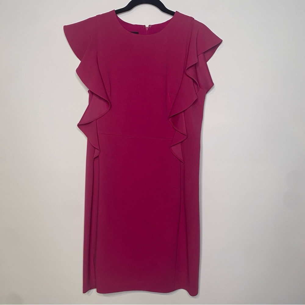 Donna Morgan Warm Pink Ruffle Shoulder Sheath Dress Size 10